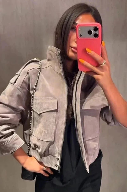 SOKYND Nina Faux Suede Cropped Jacket JacketSOKYND-838551-GRE-L-50647GreyL