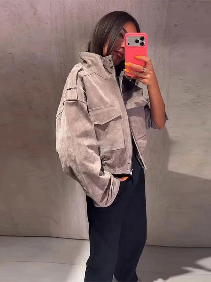 SOKYND Nina Faux Suede Cropped Jacket JacketSOKYND-838551-GRE-L-50647GreyL