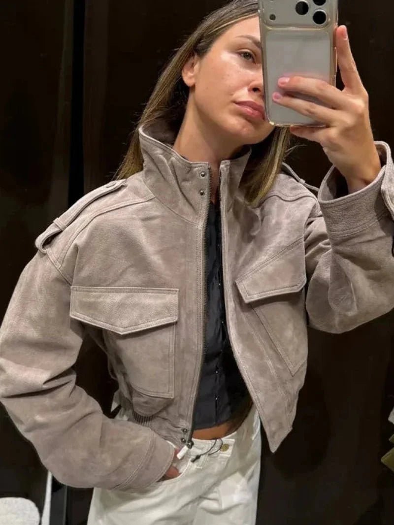 SOKYND Nina Faux Suede Cropped Jacket JacketSOKYND-838551-GRE-S-85111GreyS