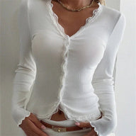 Nora Ribbed Lace Trim V-Neck Blouse
