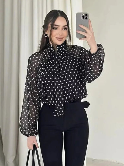 SOKYND Nyla High Collar Polka Dot Blouse TopsBlackS