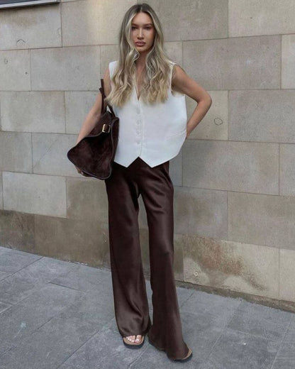 SOKYND Paige High Waist Satin Wide Leg Trousers BottomsBrownM