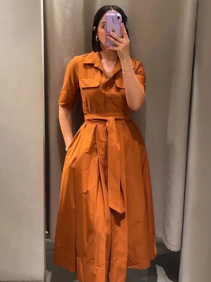 SOKYND Paloma Belted Shirt Midi Dress DressBrownXS