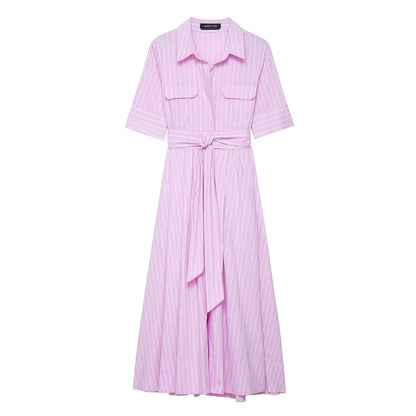 SOKYND Paloma Belted Shirt Midi Dress DressPink StripesXS