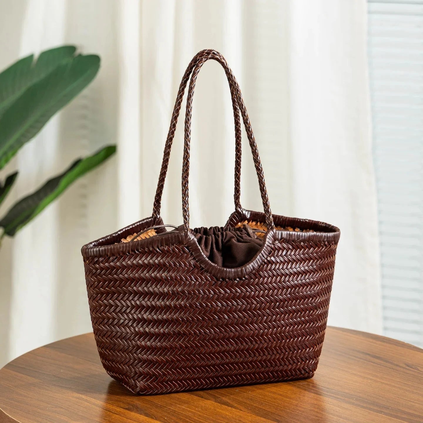 SOKYND Petra Handwoven Leather Tote Bag BagsBrownL