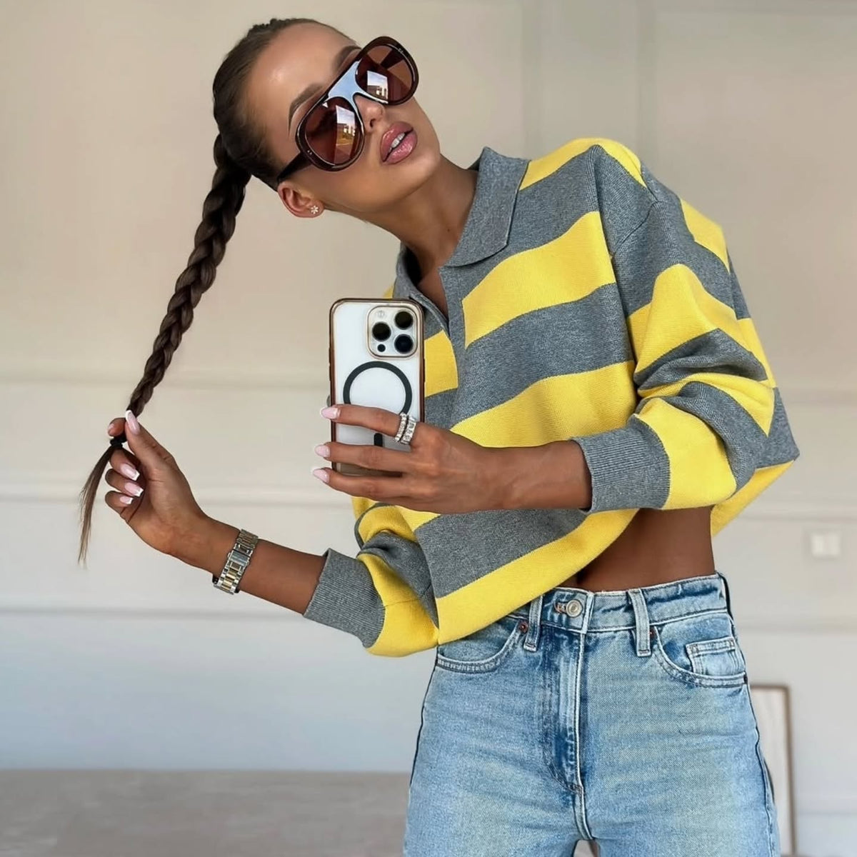 SOKYND Sabine Striped V - Neck Knit Pullover TopM