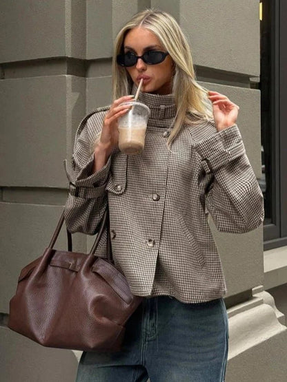 SOKYND Sabrina Houndstooth Plaid Jacket JacketSOKYND-596119-CHE-L-66999BrownL