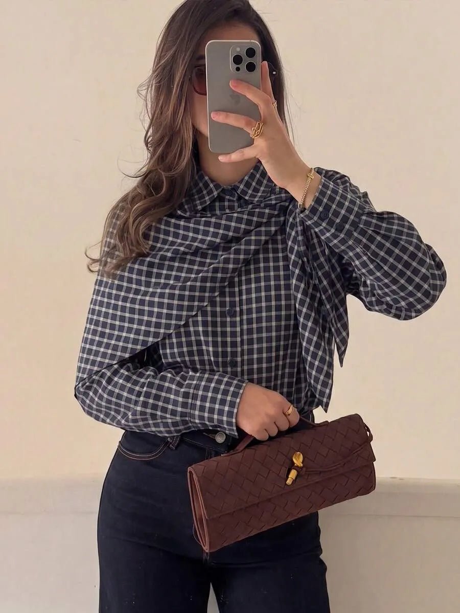 SOKYND Sabrina Plaid Scarf-Tie Shirt BlouseSOKYND-228247-NAV-L-82519NavyL