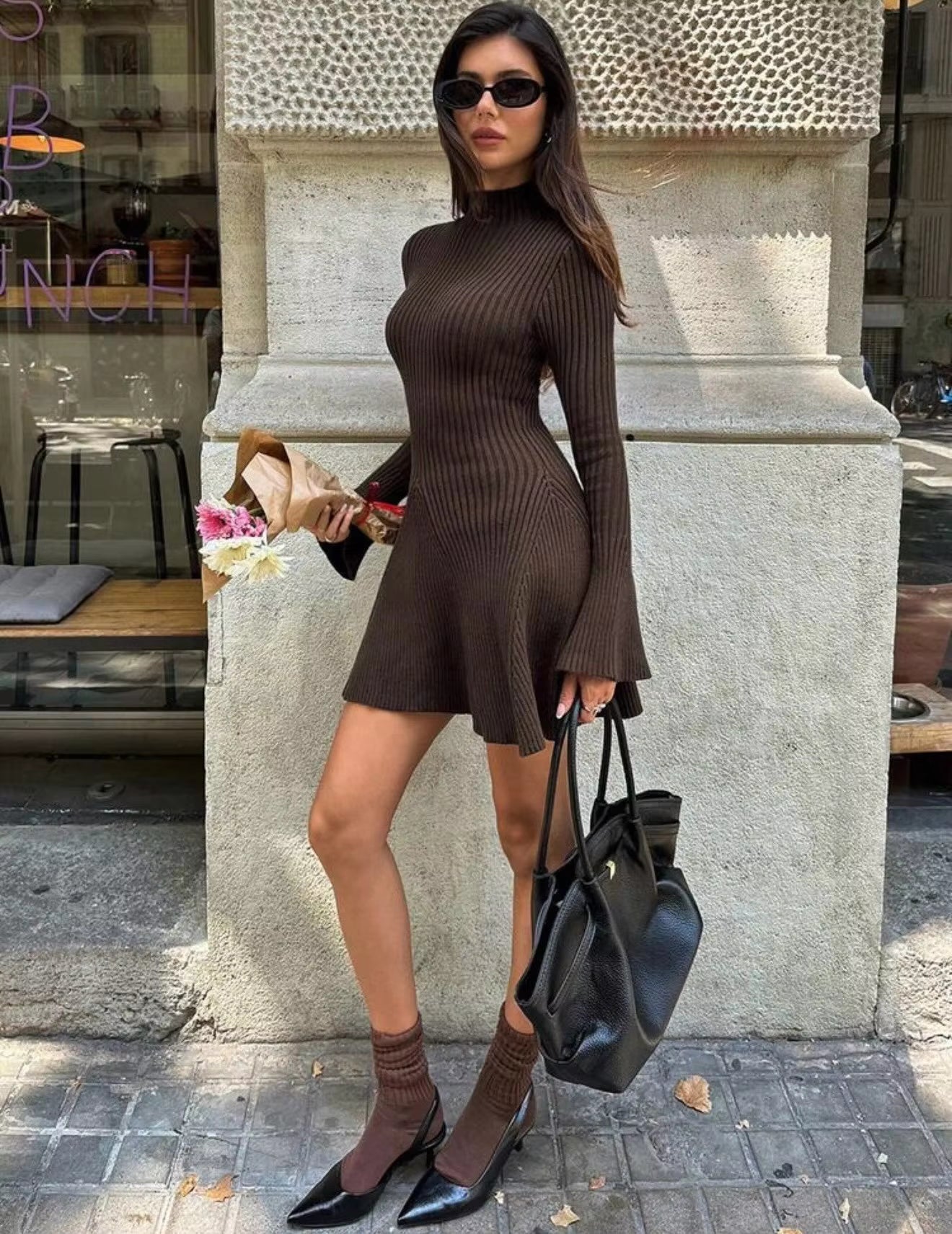SOKYND Sara Bell Sleeve Ribbed Knit Sweater Dress DressSOKYND-154903-BRO-XS-93303BrownXS