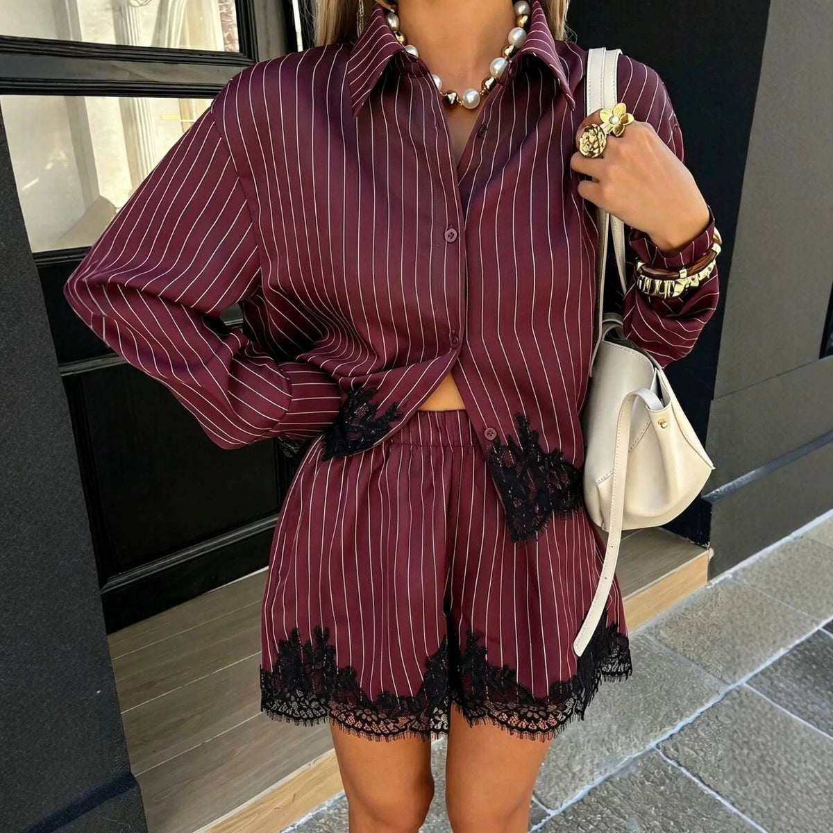 SOKYND Zenaida Pinstripe Shorts Set Matching SetsSOKYND-361239-BUR-M-35831BurgundyM