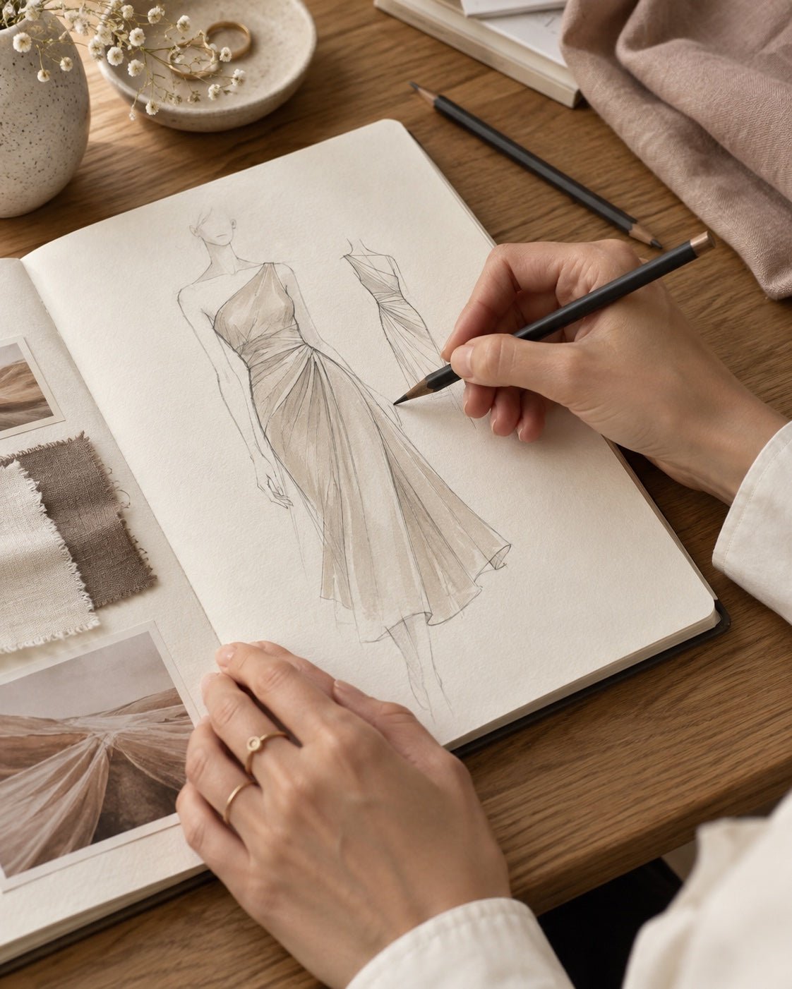 Imagem ilustrativa de mãos a desenhar um vestido junto a amostras de tecido.