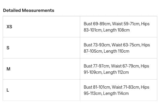 Product-specific measurement chart for Angela dress. Read the units in the headings.